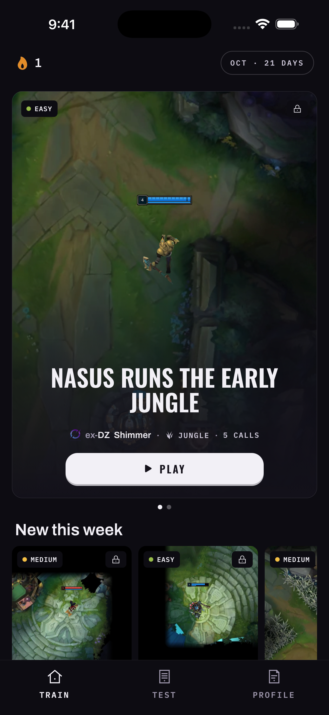 The Train tab: Nasus Runs the Early Jungle, followed by new puzzles this week.